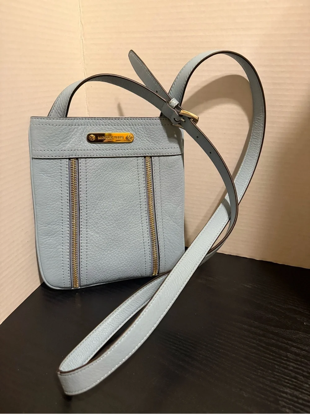 Michael Kors Pale Blue Pebbled Leather Crossbody with Gold Accents